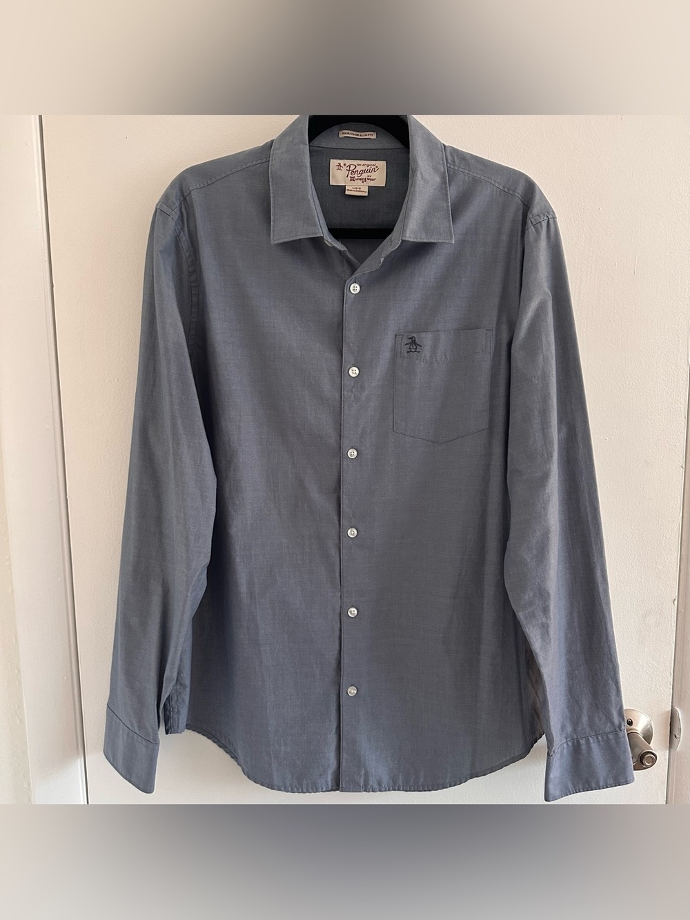 Original Penguin Men's Oxford Long Sleeve Pocket Shirt Cotton Blend Blue Large